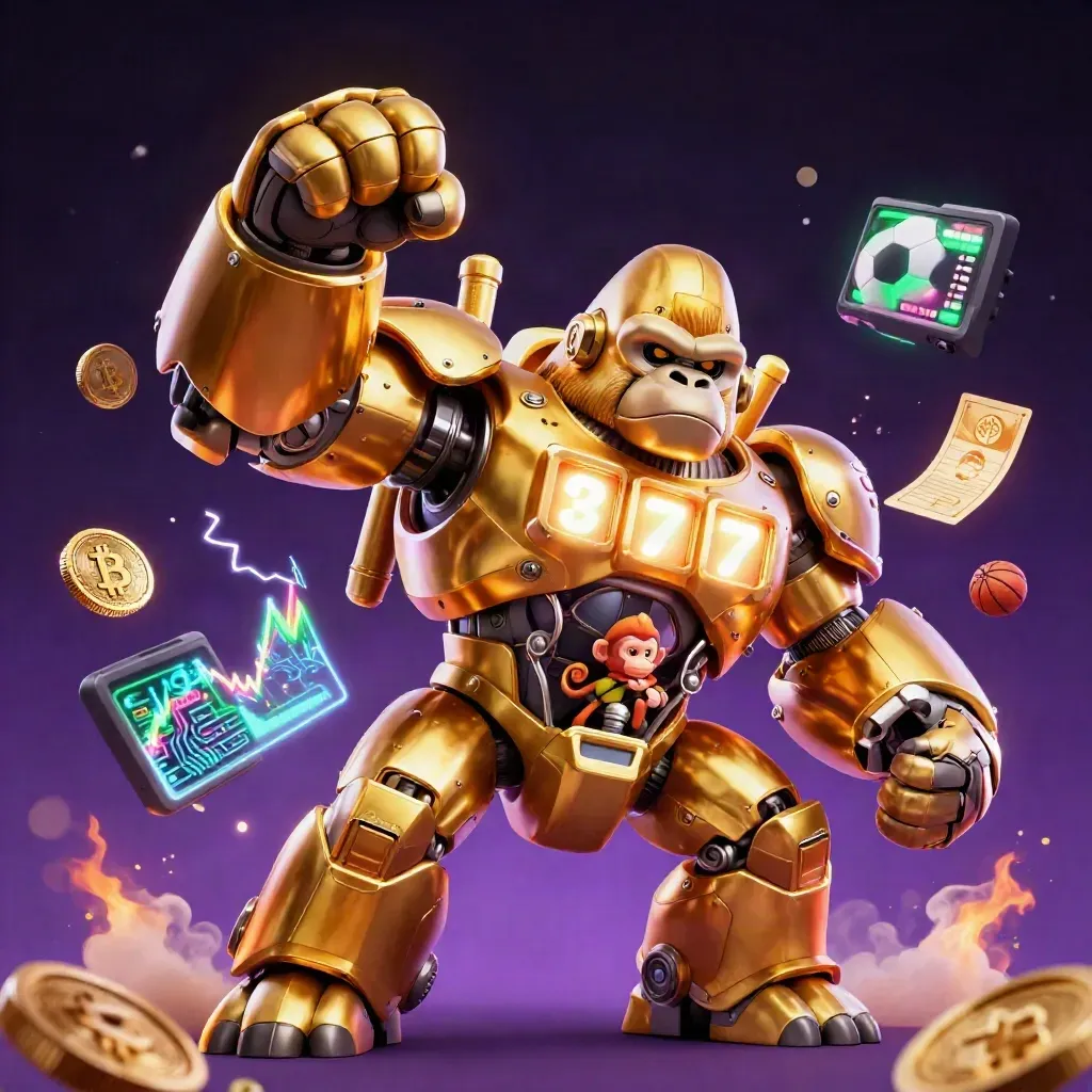 Golden gorilla mech with monkey pilot amid crypto coins, sports props, lightning, and neon casino energy.