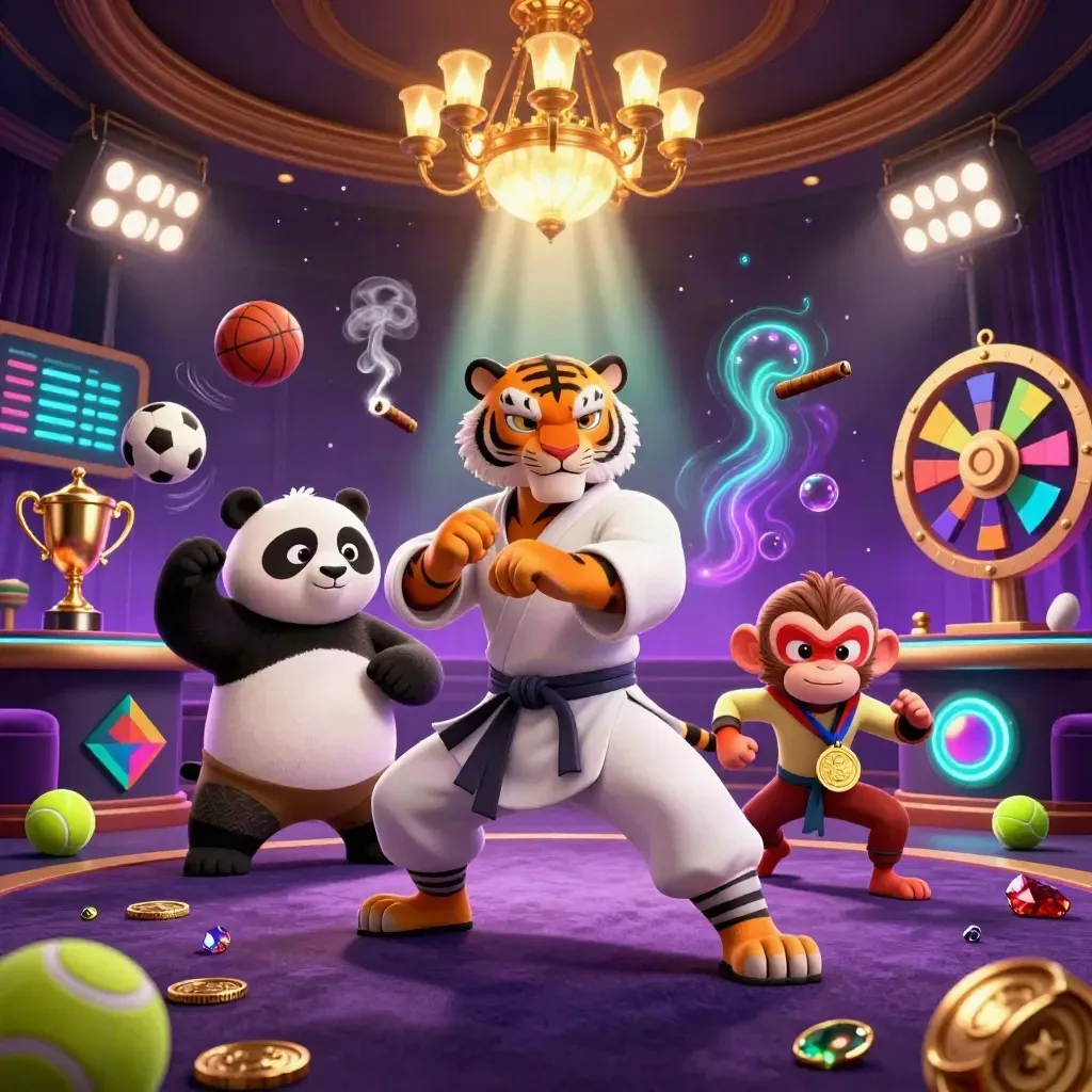 Kung-fu tiger, panda and monkey in a luxe casino scene with balls, trophy, roulette glow