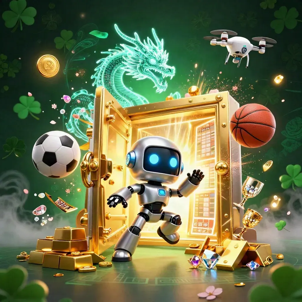 Cyberpunk robot, AI dragon and coin drone amid vault glow, balls, gems, petals and neon luck.