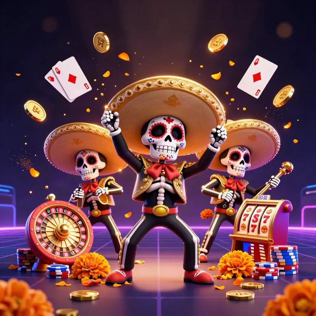 Day-of-the-Dead mariachi skeleton trio amid coins, gems, roulette wheel and neon casino glow.