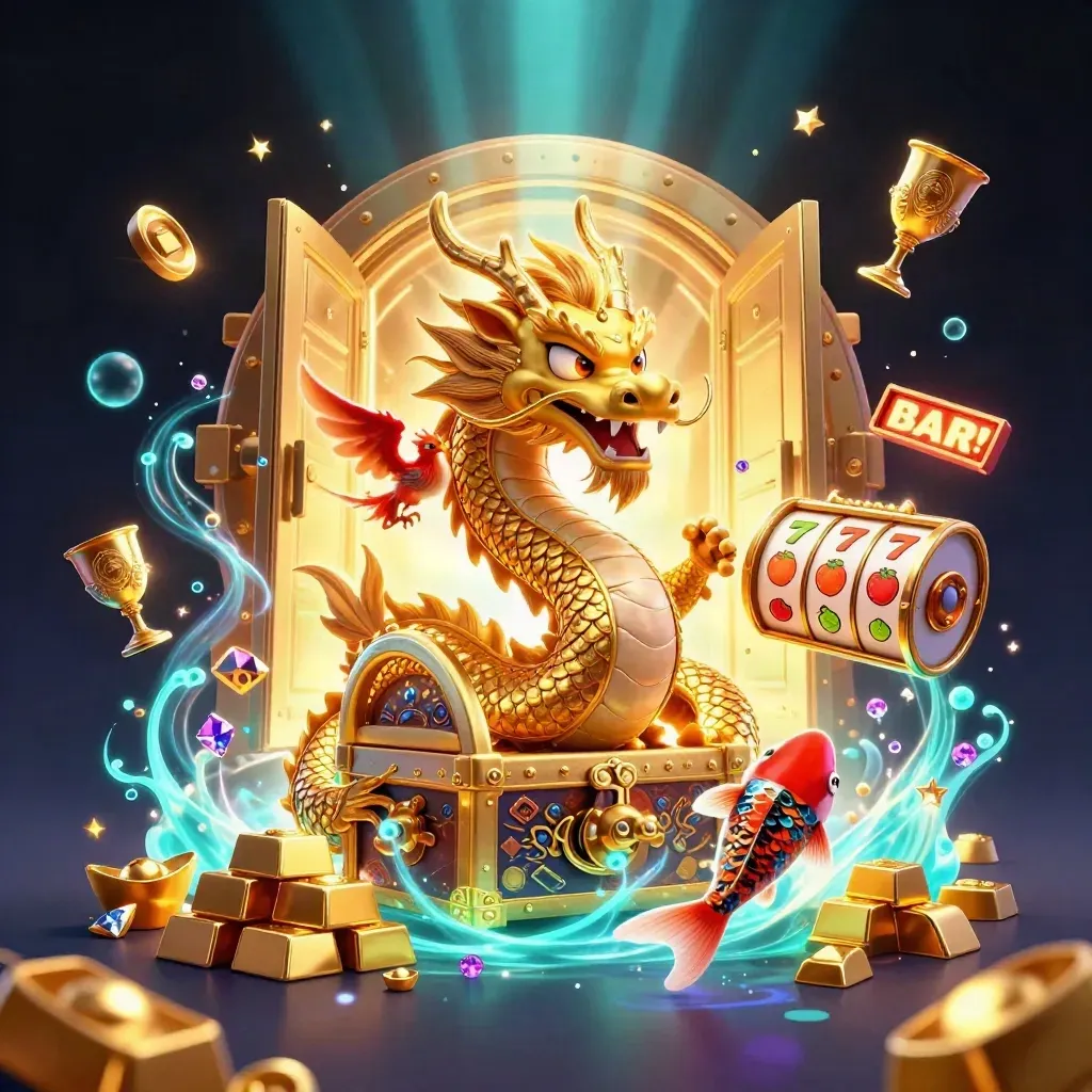 Golden dragon, phoenix, koi, vault burst, treasure and neon casino effects on dark navy.