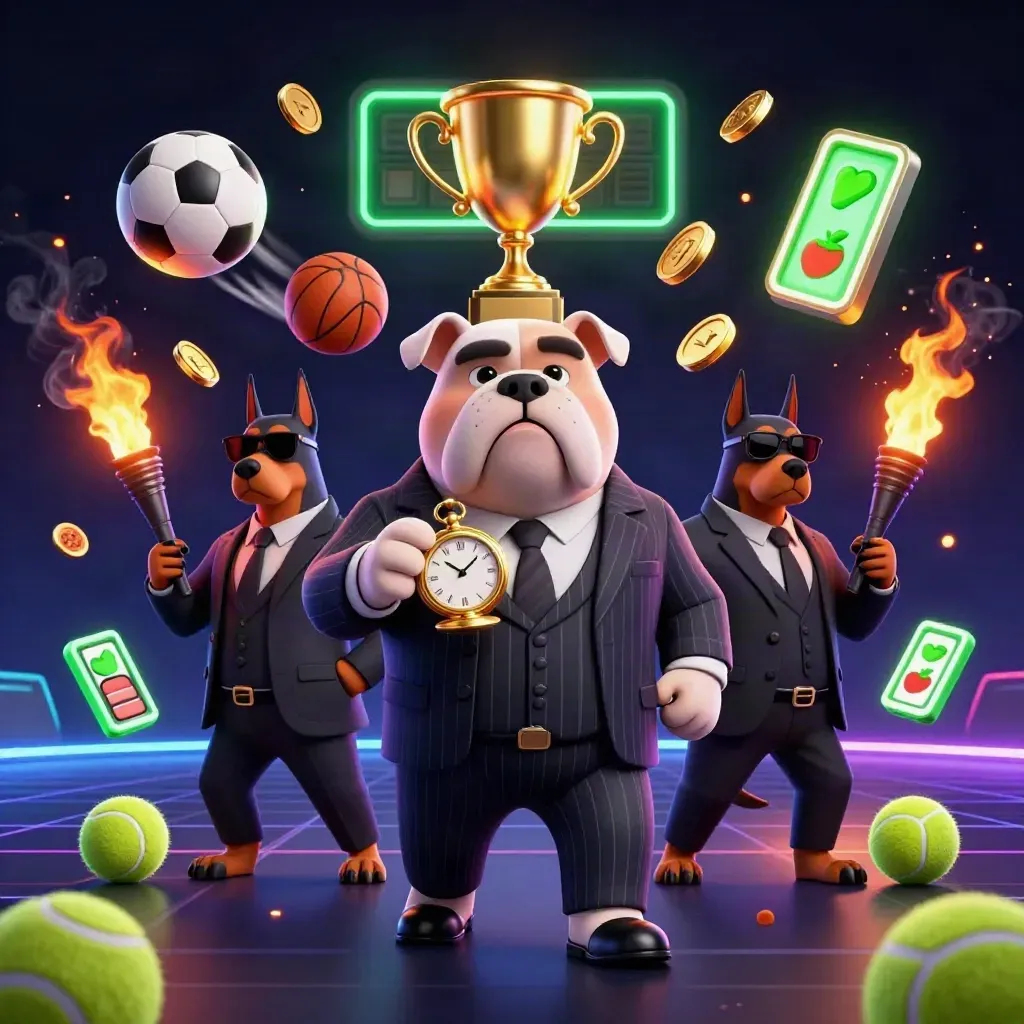 Mobster bulldog and two Dobermans amid sports balls, trophy, coins, neon grid, and ember glow.