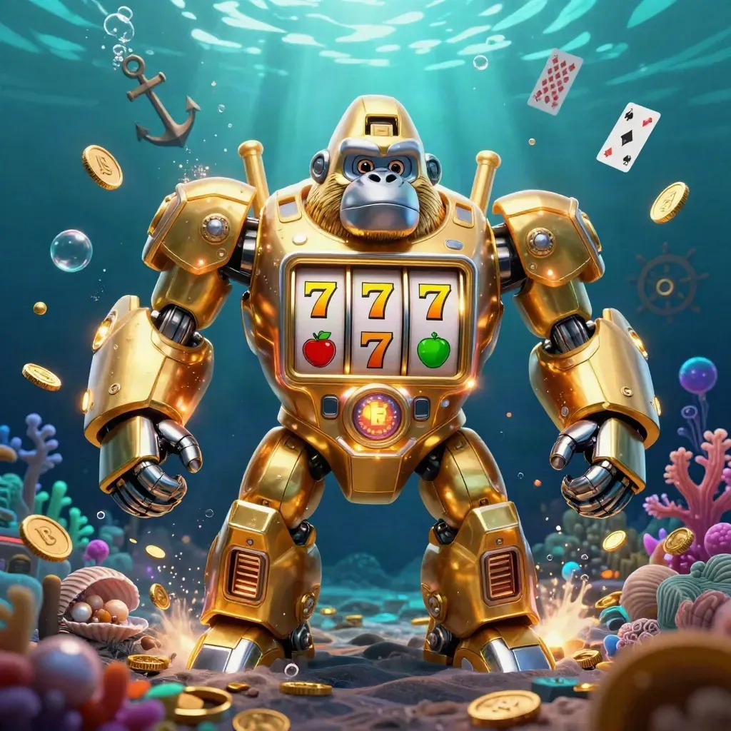 Golden gorilla slot-mech with monkey pilot amid underwater treasure, coins, coral and glowing sevens.