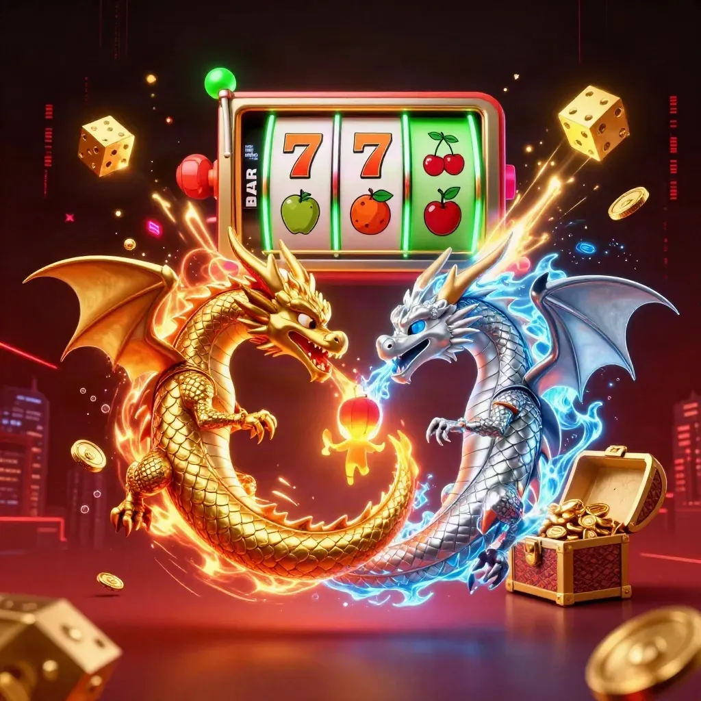 Twin gold and silver dragons coil around a lantern spirit with slot machine bursts and jackpot glow.