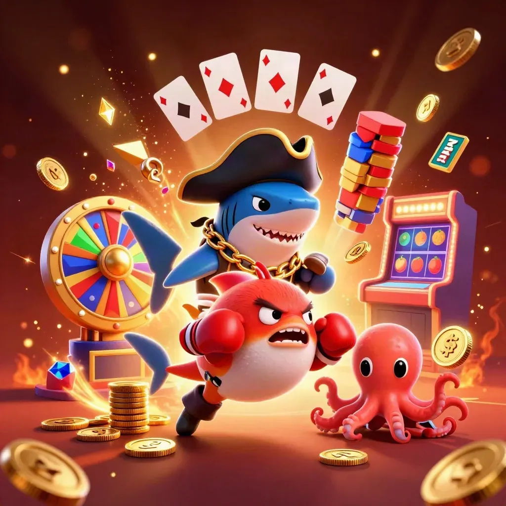 Shark pirate, boxing pufferfish, and juggling octopus amid casino coins and reels